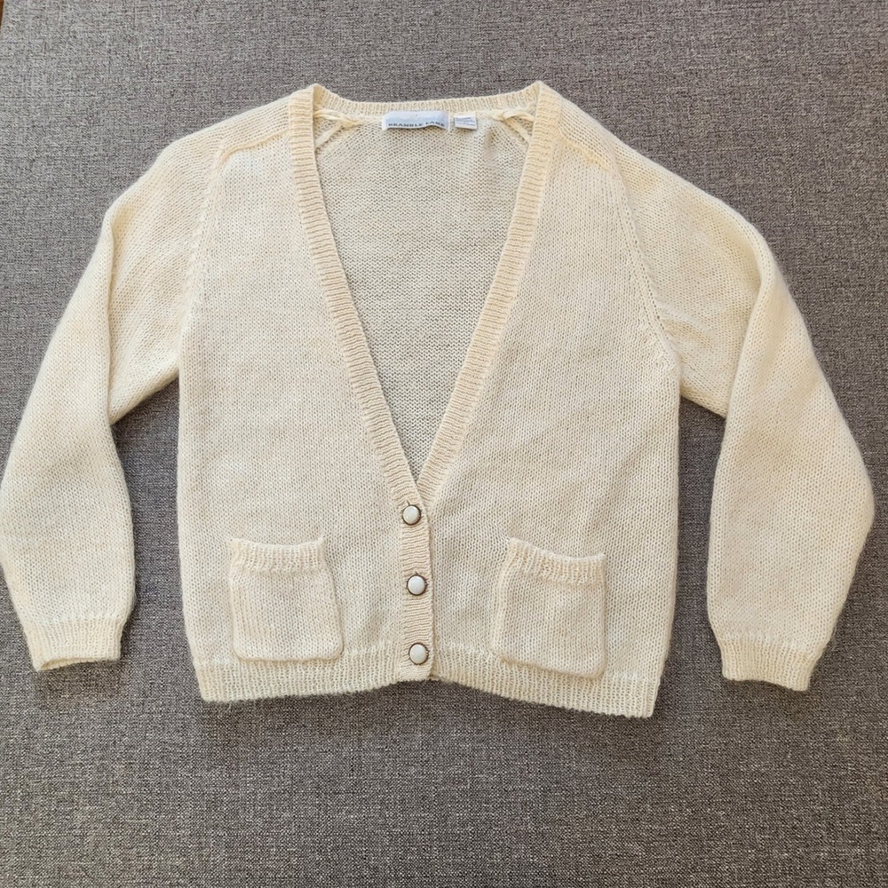 Vtg Mohair Cardigan Size Large Ivory Button Sweater Fuzzy Bramble Lane